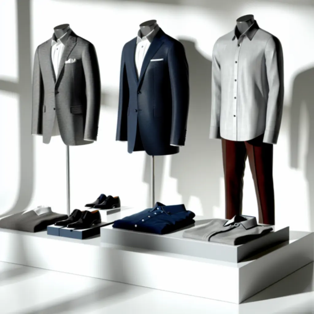 Selectie premium herenmode items in een strakke, monochrome setting