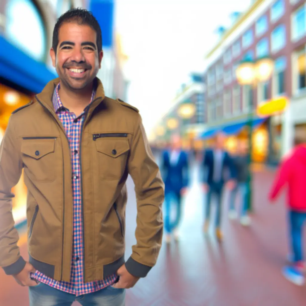 Klant draagt een donker herenjack in een stedelijke omgeving