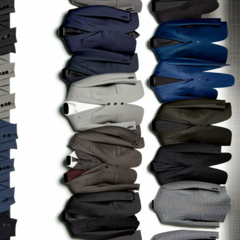 Close-up van verschillende stoffen en kleuren herenpakken