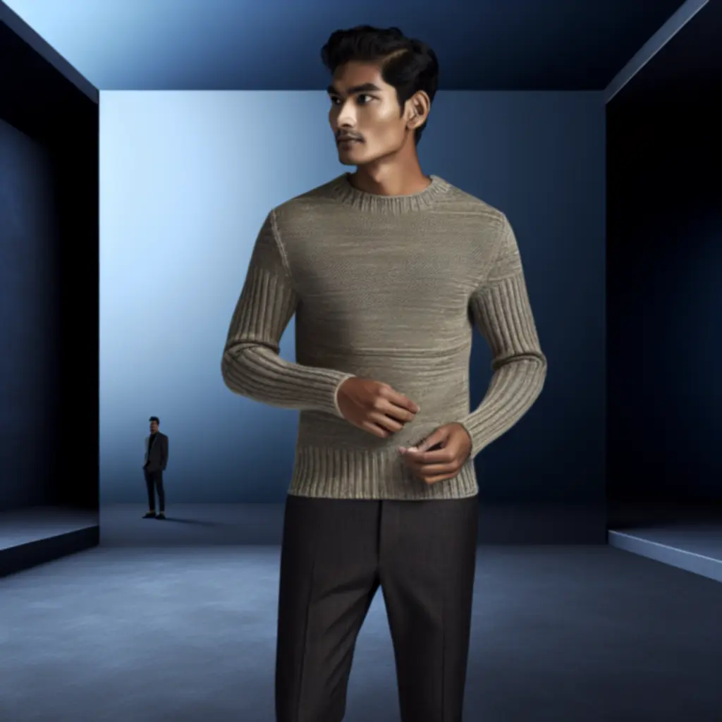 Model draagt een moderne heren knitwear look in een stedelijke setting